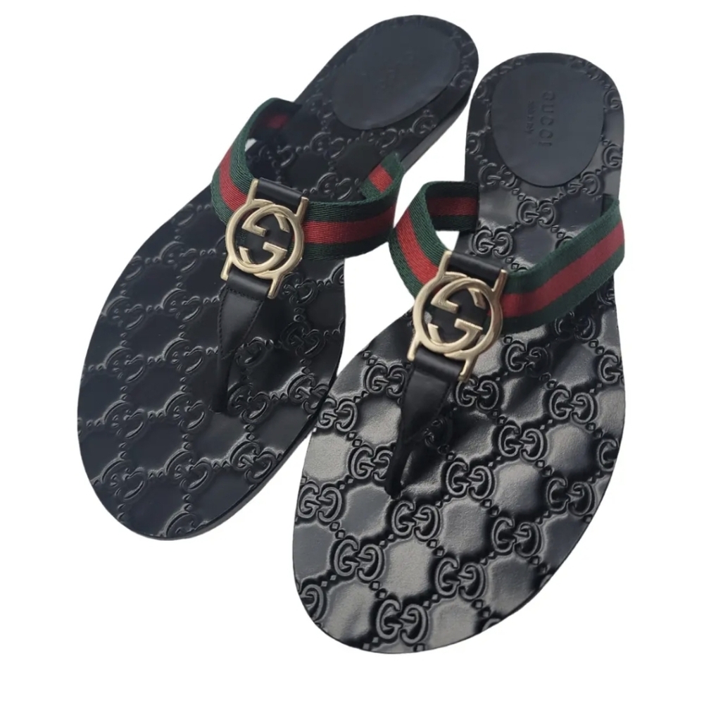 Gucci Interlocking Double G Logo Thong Flip Flap Sandals Guccissima Sz 34 IT